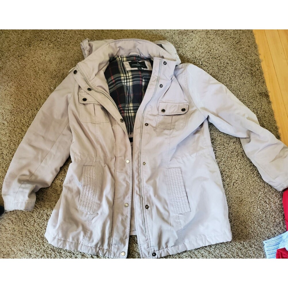 London Fog Women's Light Taupe Hooded Cargo Jacket Plaid Lined Utility Coat L